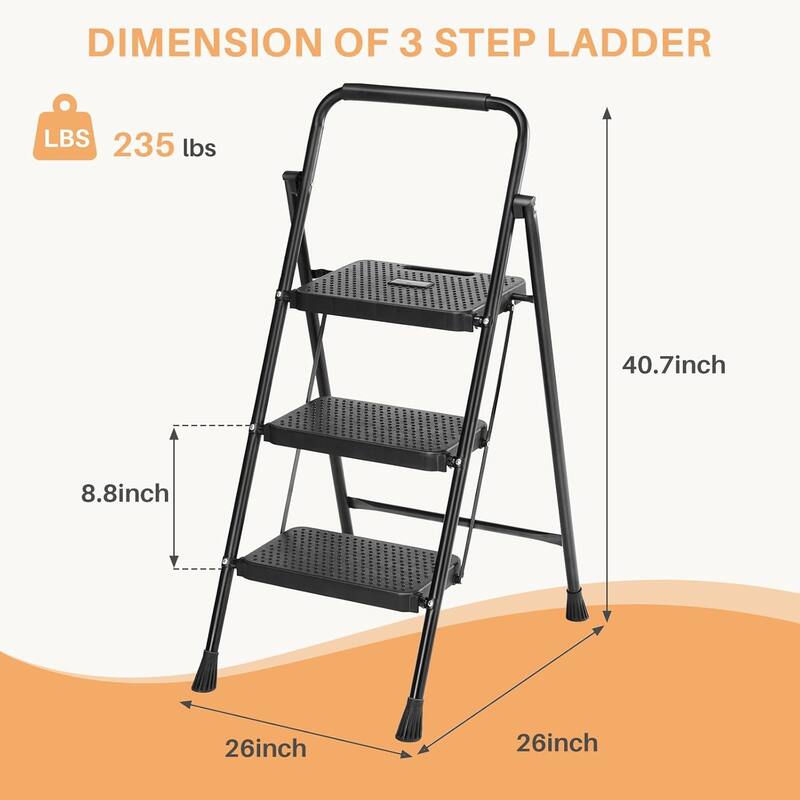 2 Step 3 Step Ladder, Foldable Step Stool Ladder with Anti-Slip Pedal, Sturdy Folding Step Tool, Black