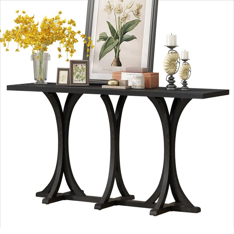 Wooden Console Table, Farmhouse Entryway Table with Oak Veneer Top and Rubberwood Curved Legs