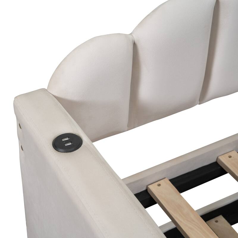 Twin size Upholstered Daybed with Trundle ,Velvet Sofabed with USB Charging Ports