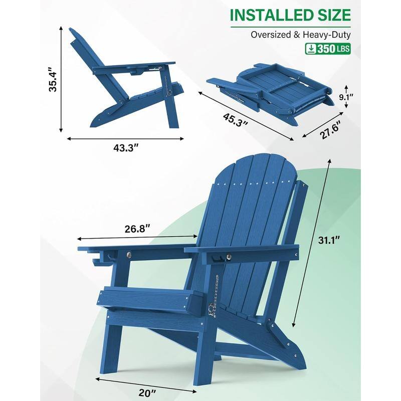WINSOON Outdoor All-Weather HDPE Folding Adirondack Chair with Cup Holder & Adjustable Back Set of 4
