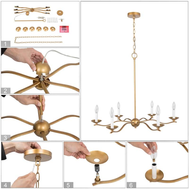 Mid-century Modern Candle Chandelier French Country 6-light Large Size Brass Dining Room Light - D30" x H86.5"