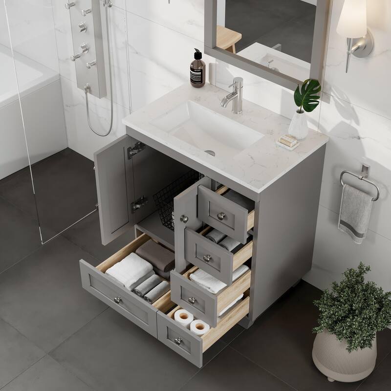 Eviva Happy 28"W Bath Vanity with Carrara Quartz Top