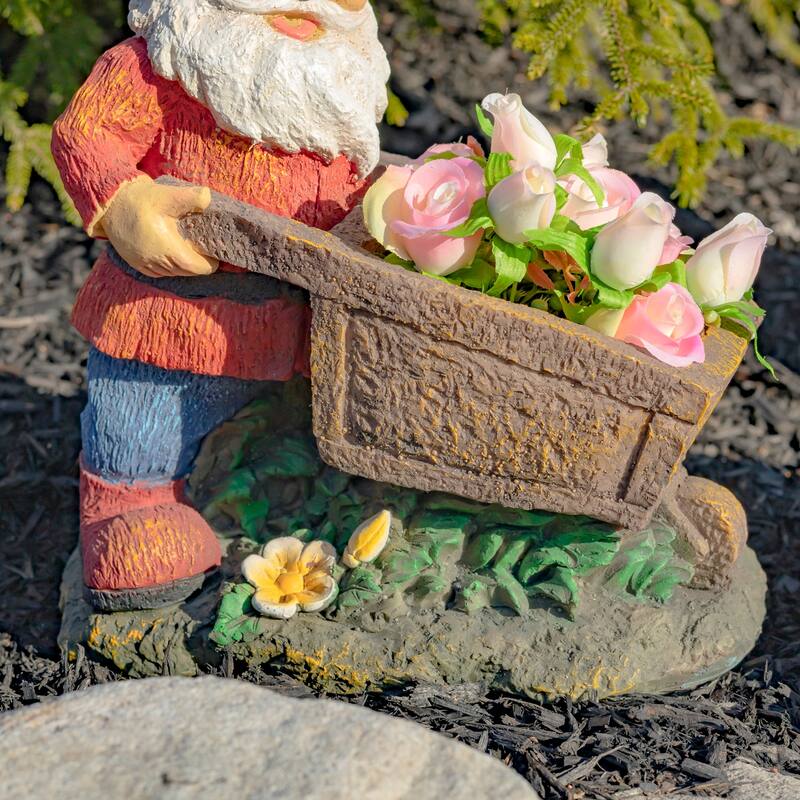 17 Inch Tall Spring Gnome Garden Statue with Wheelbarrow
