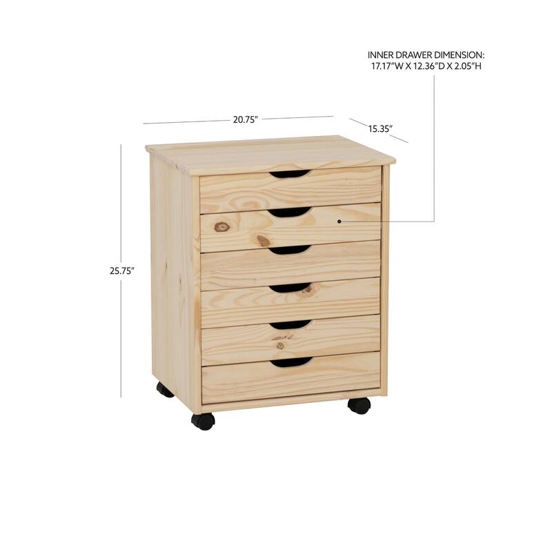 6-Drawer Wooden Storage Cabinet with Wheels - 25.75" - Beige