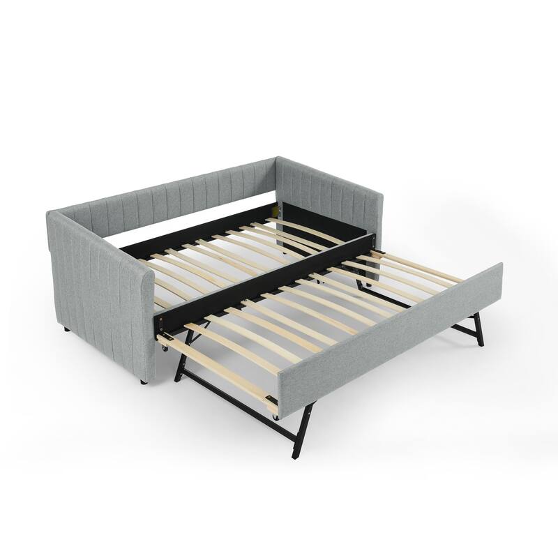 Roomfitters Twin/Full Daybed with Trundle Upholstered Sofa Bed Frame with Vertical Stripes Linen Design, Grey