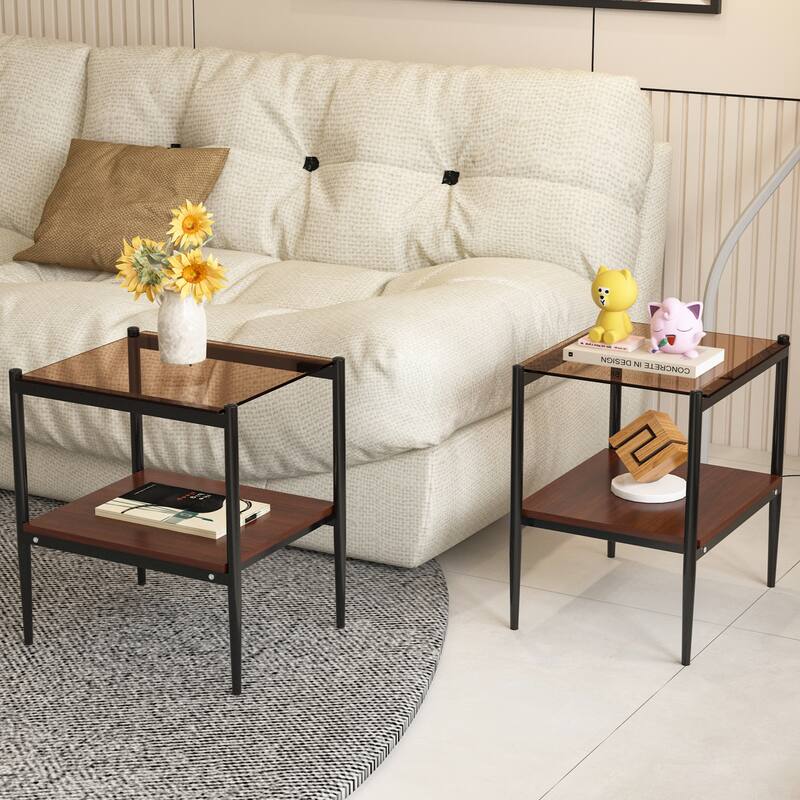 Set of 2 Rectangle End Table Tempered Glass Tabletop with MDF layer - Brown+Black