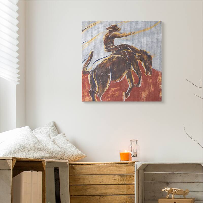 Stupell Western Cowboy Lasso Horse Buck Red Blue Canvas Wall Art