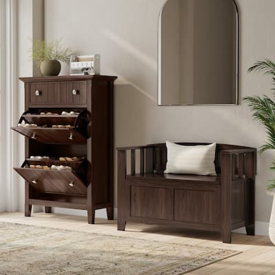Acadian Solid Wood 36" Wide Small Storage Bench and 31.5" Wide Shoe Storage Cabinet in Brunette Brown