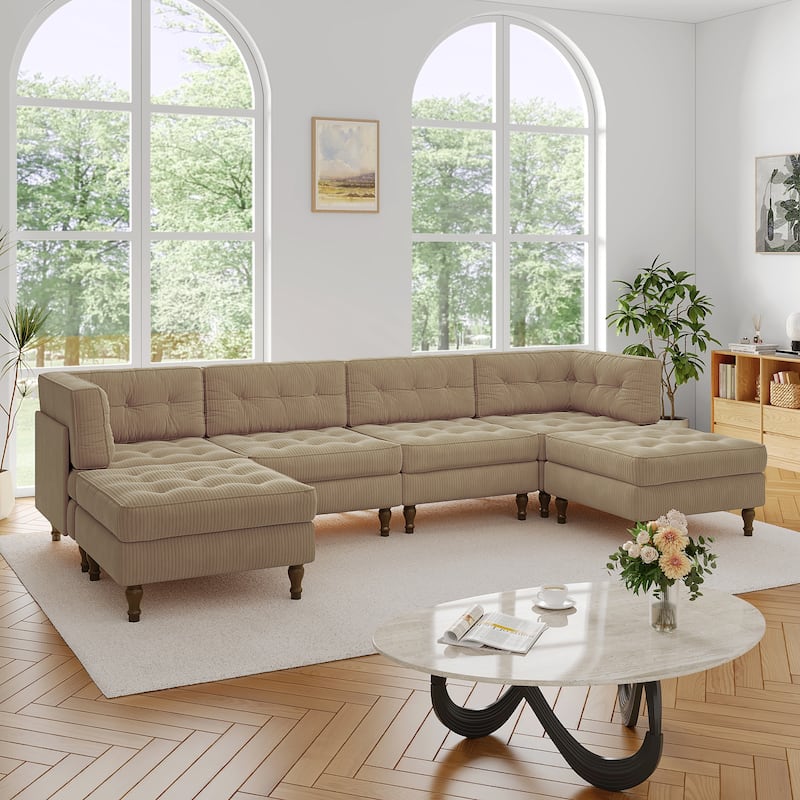130"W Corduroy Upholstered Modular Sectional Sofa with Storage Ottoman
