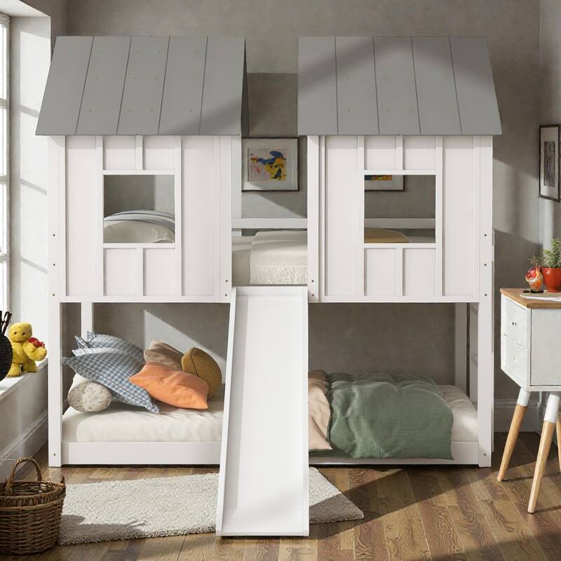 Twin over Twin House Bunk Bed with Slide, Windows and Ladder, Solid Wood Frame, Fun Playhouse Design - White - Twin