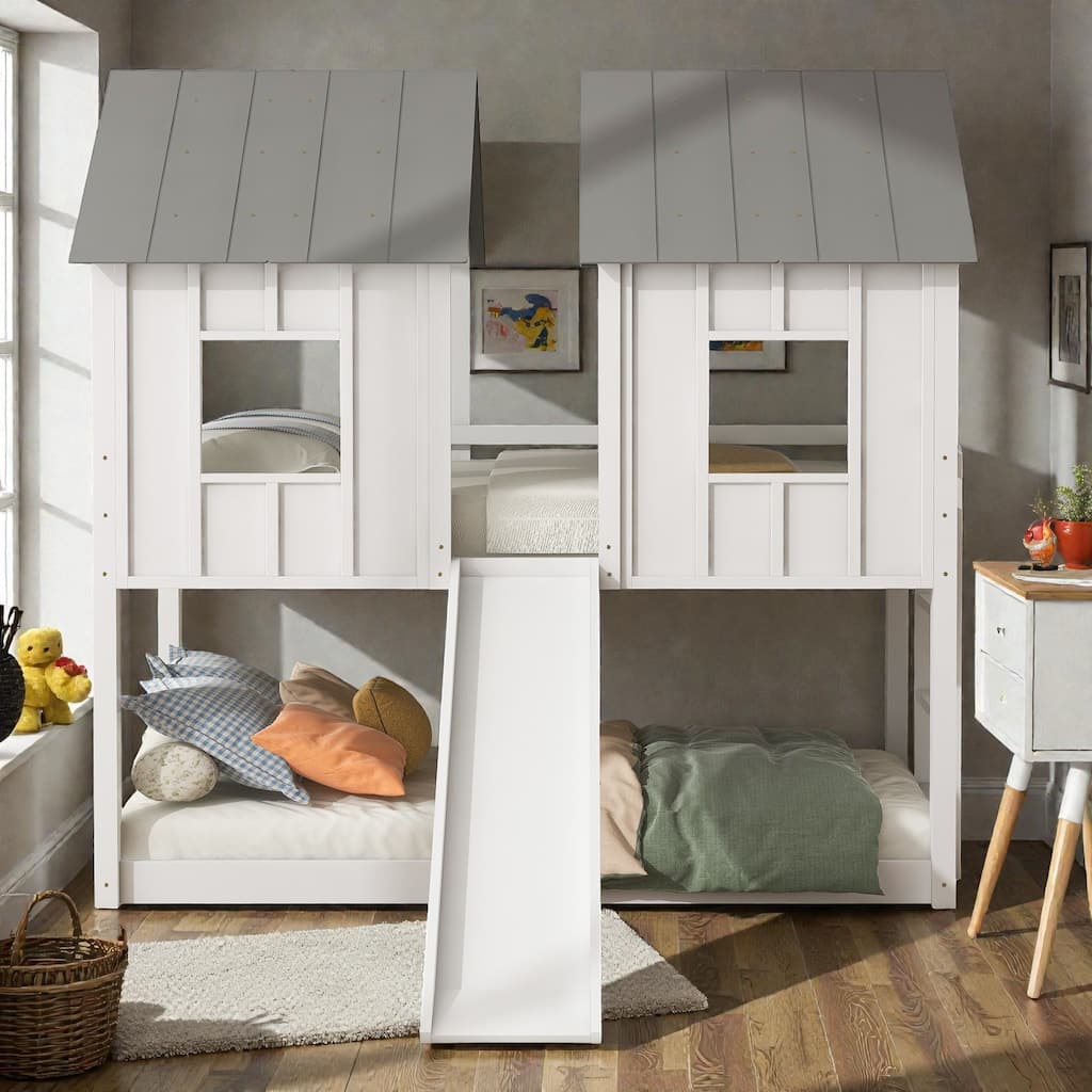 Twin over Twin House Bunk Bed with Slide, Windows and Ladder, Solid Wood Frame, Fun Playhouse Design