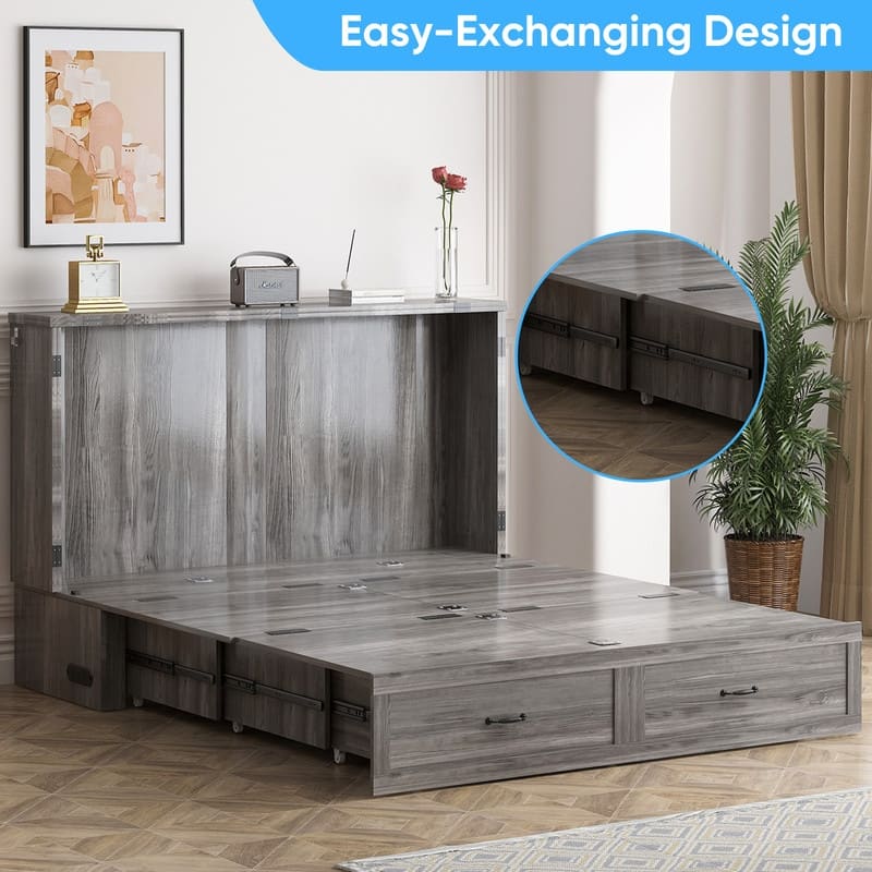 Mixoy Modern Queen Size Murphy Bed with 4.7''Mattress,USB ports,Storage Drawers