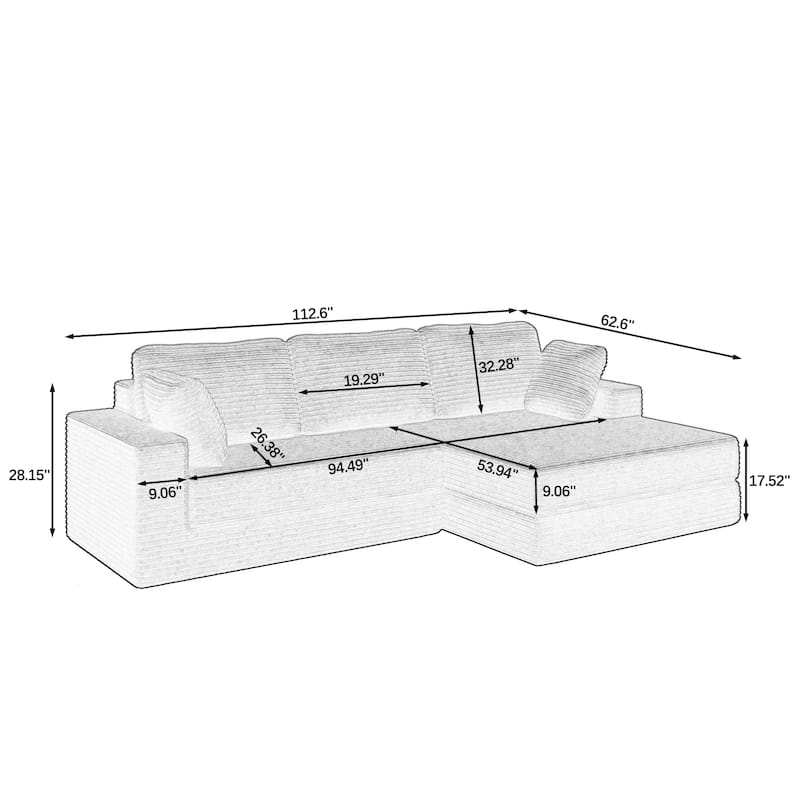 Modern Minimalist L-shape Sectional Sofa with Chaise Lounge Corduroy Compressed Folding Couch Convertible into Floor Bed