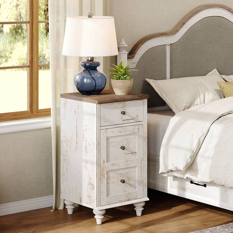 Set of 2 End Tables with Charging Station & Drawer Storage Cabinet