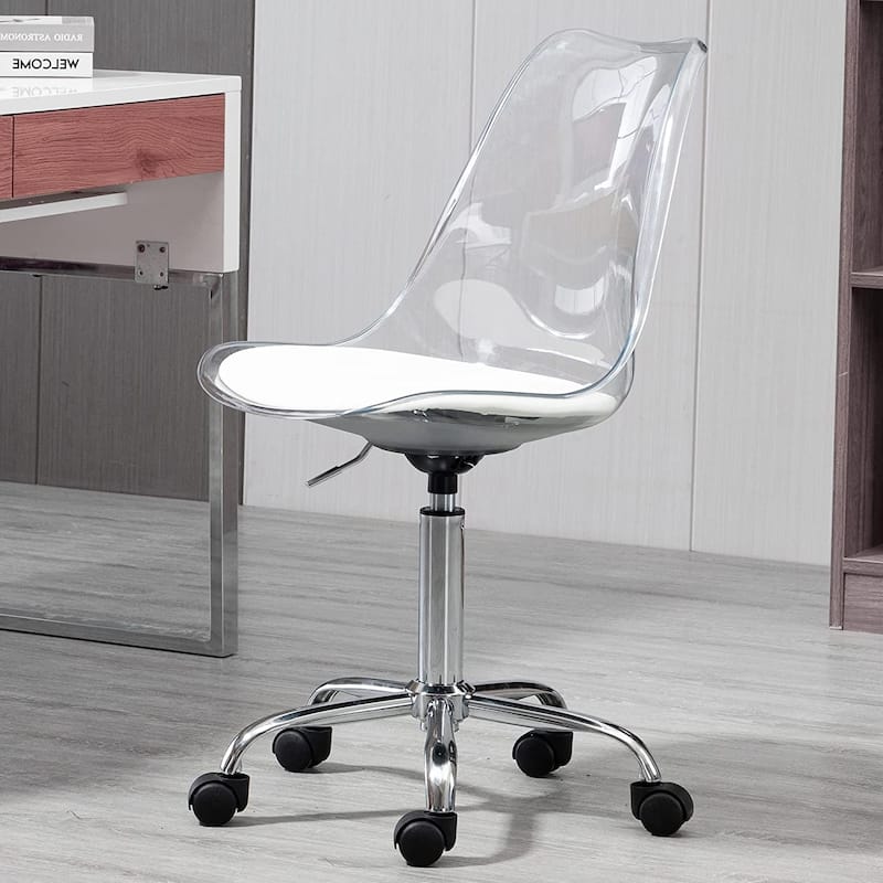 Acrylic Swivel adjustable height Armless Home office Rolling Chair - Clear+White Cushion