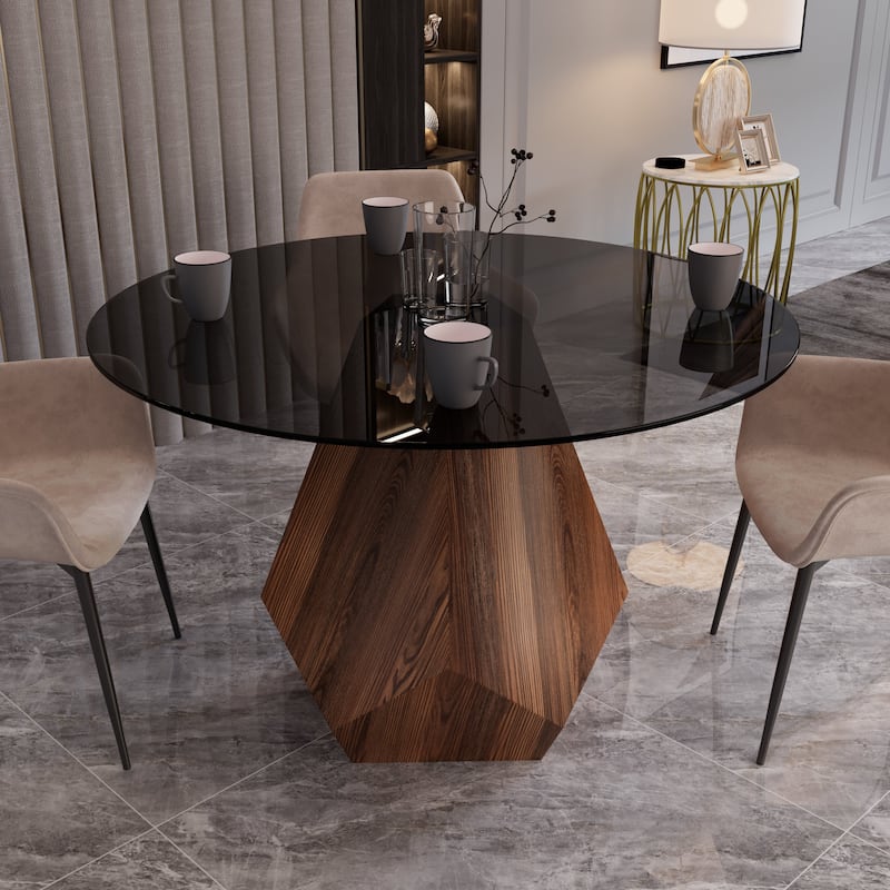 Nebo Round 47" Tempered Glass or Sintered Stone Top Dining Table with Geometric Design Ashwood Pedestal Base Kitchen Table