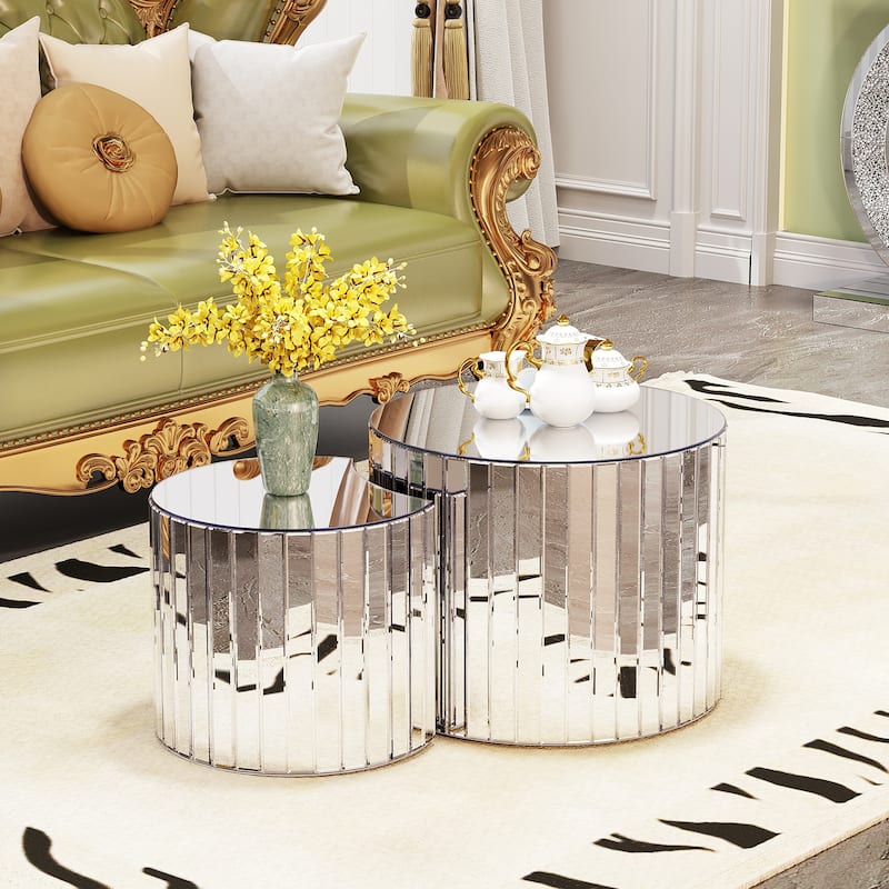 Luxury Vertical Stripe Mirrored Nesting Coffee Table Sets of 2