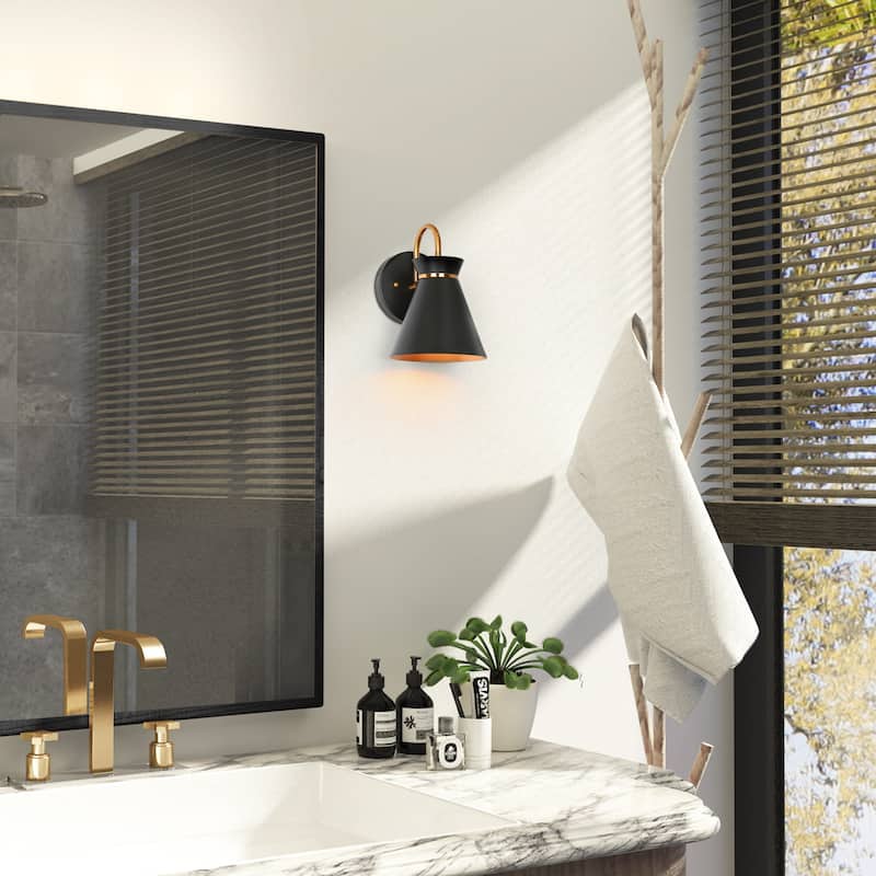 Modern Industrial 1-Light Black Gold Wall Sconce Lighting with Metal Shade - 6" L x 7" W x 8.5" H