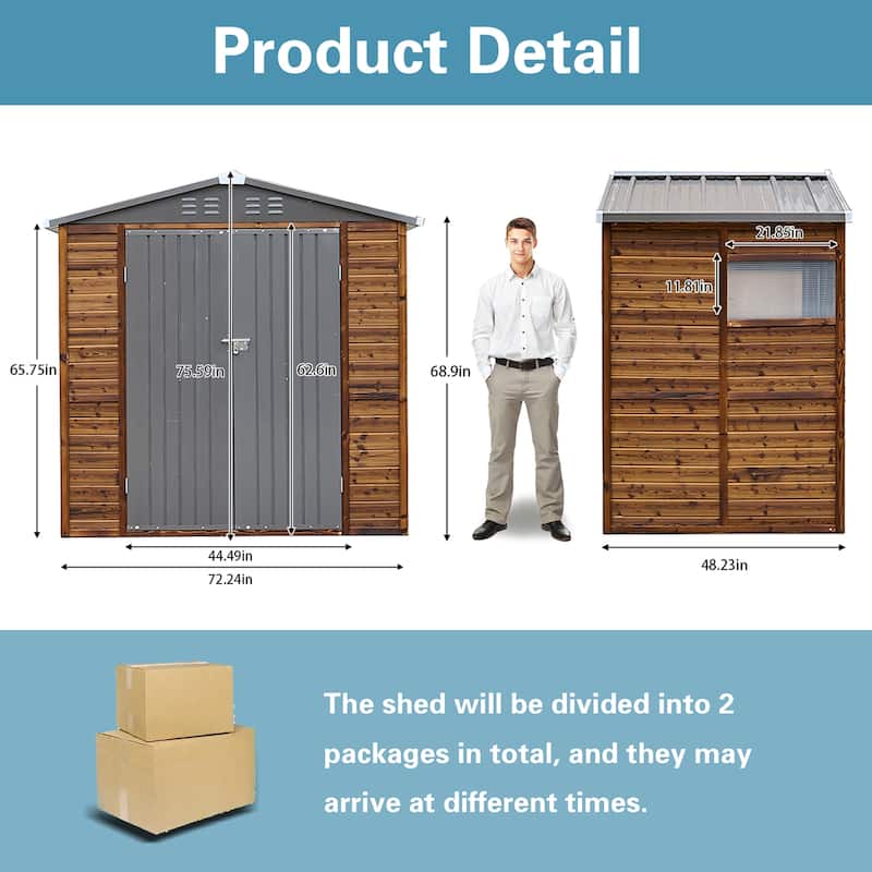 4x6 FT Wood Storage Shed with Metal Roof, Outdoor Garden Tool Shed with Double Doors, Windows and Ventilation