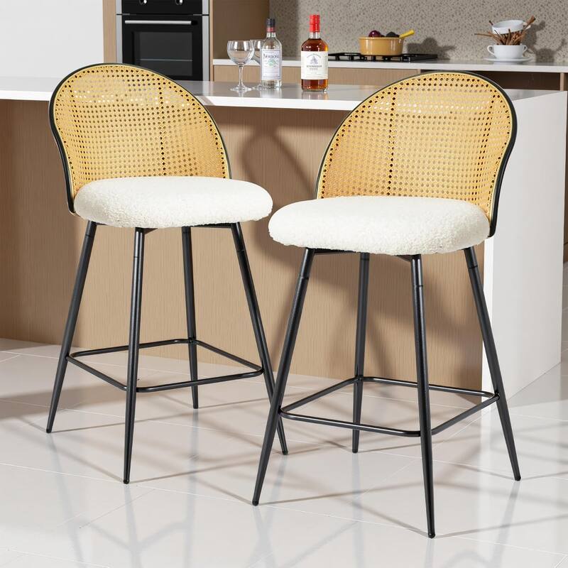 Full Rattan Backrest,Farmhouse Armless Mesh Cane Back Fleece Side Chairs with Metal Legs,Set of 2, Beige - Counter Height - Set of 2 - Black