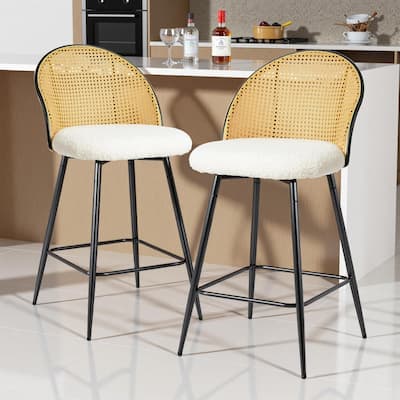 Full Rattan Backrest,Farmhouse Armless Mesh Cane Back Fleece Side Chairs with Metal Legs,Set of 2, Beige
