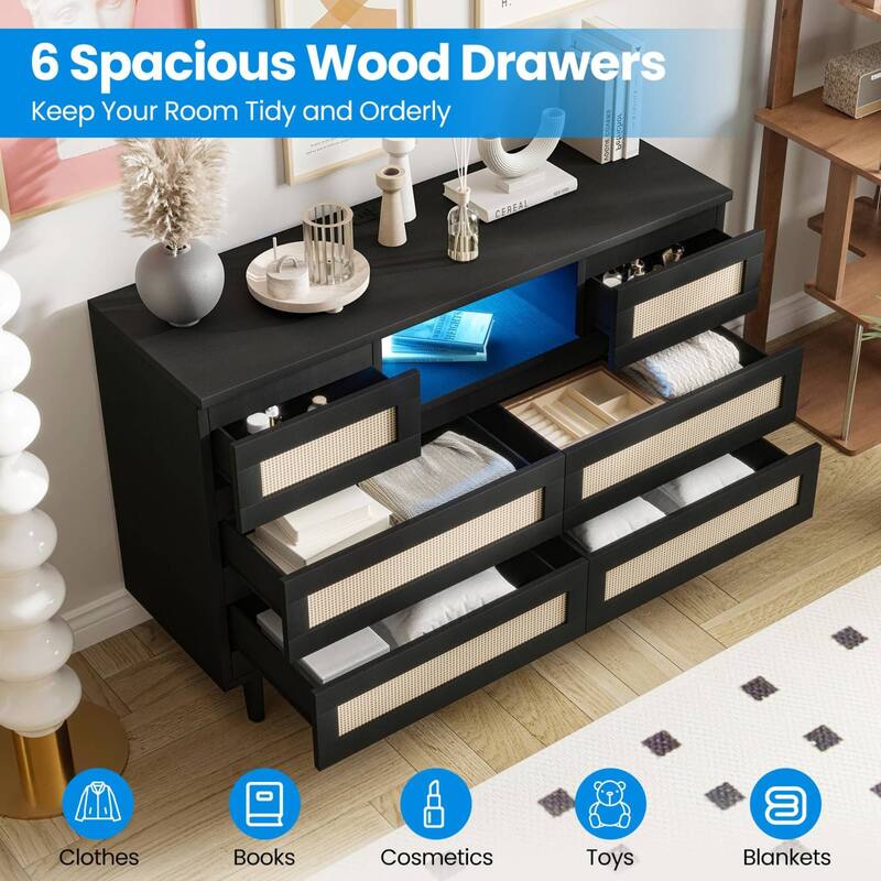 6-Drawer Rattan Dresser with LED Light & Charging Station, Modern Double Chest for Bedroom - Black