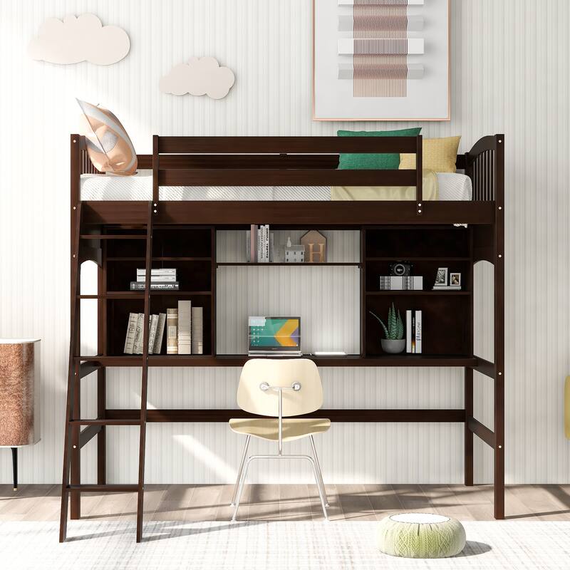 Twin Size Loft Bed with Storage Shelves, Desk, and Ladder
