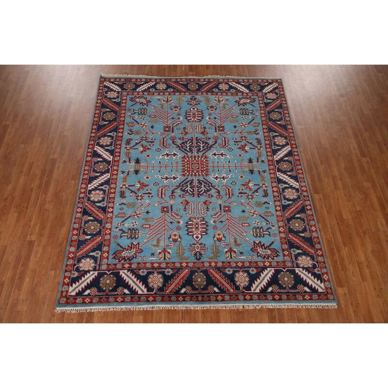 Light Blue Oushak Oriental Area Rug Hand-Knotted Wool Carpet - 8'2"x 9'10"