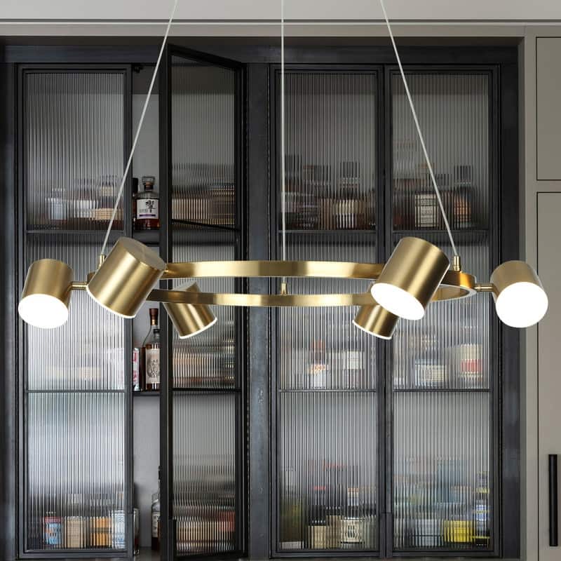 Mid-Century Modern 6-Light Gold LED Wagon Wheel Chandelier Metal Pendant Lights for Dining Room