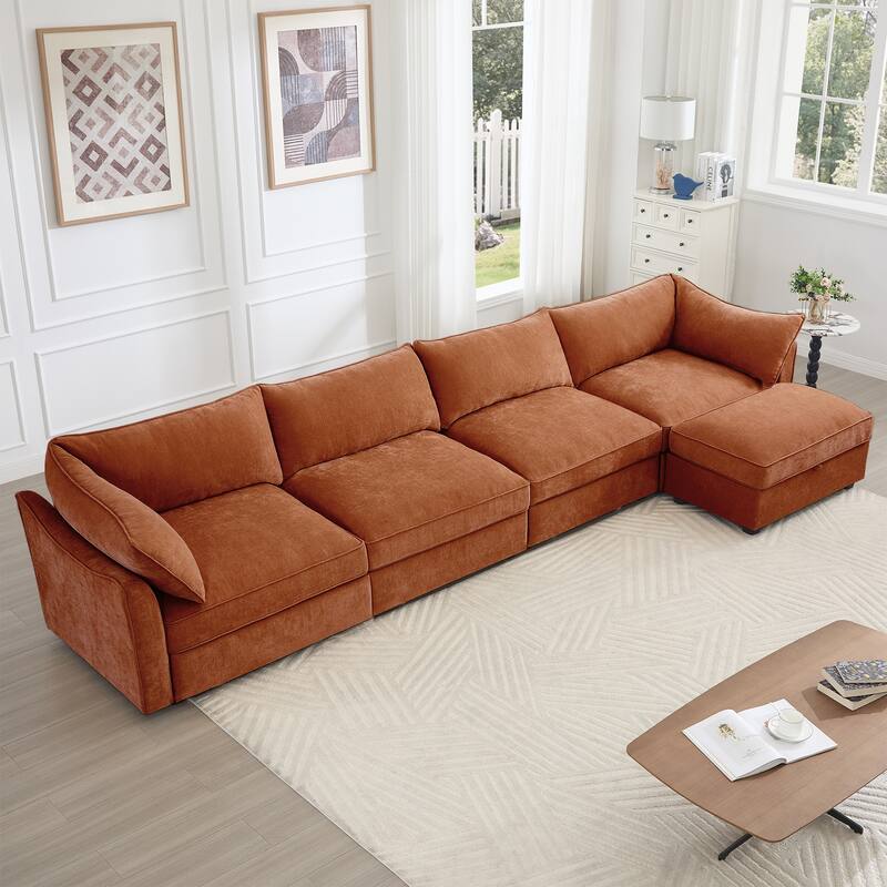 L-Shaped 4-Deep Seater Sectional Sofa Couch with 1 Movable Storage Ottoman & Pull out Drawers Under Each Seat - Orange