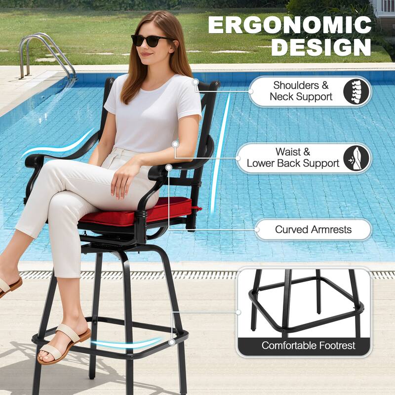 E-Coated Cast Aluminum 2PCS Patio Swivel Bar Stool Set with Olefin Cushions