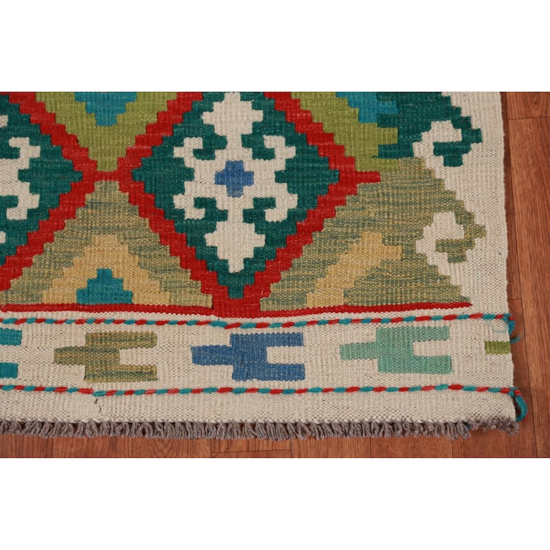 Hand Woven Oriental 100% Wool Carpet Southwestern Geometric Multi-Colored Kilim Runner Rug - 16' 1'' X 2' 9''