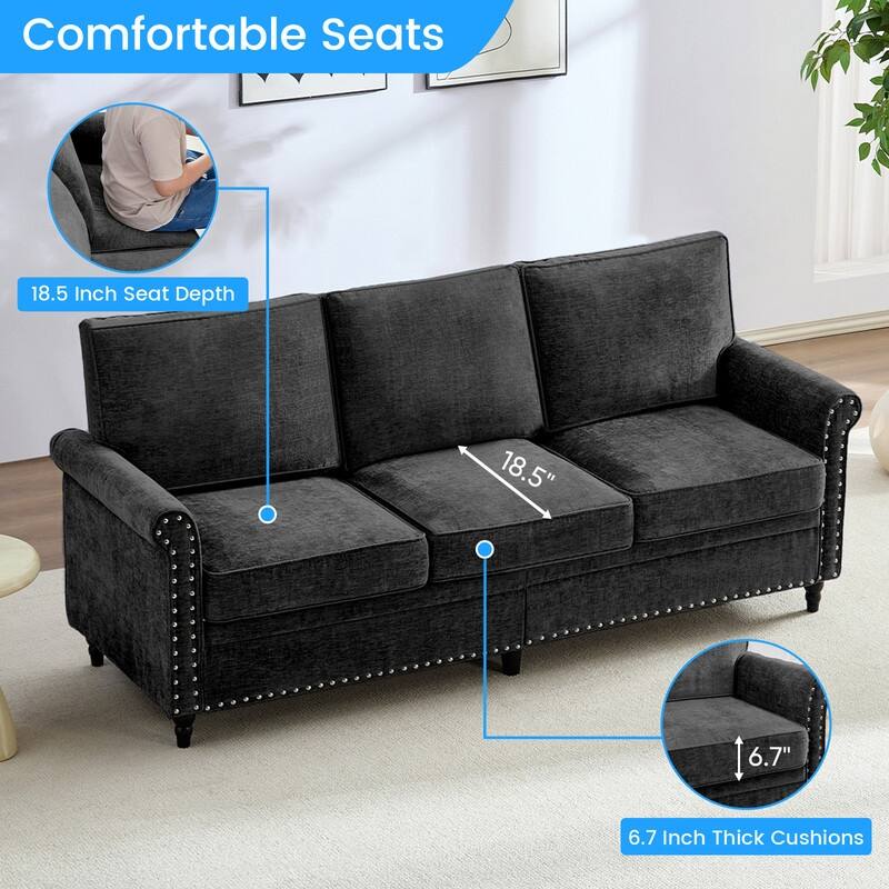Mixoy Chenille Living Room Sofa,Modern 3-Seater Sofa Couch,Unique Riveted Look