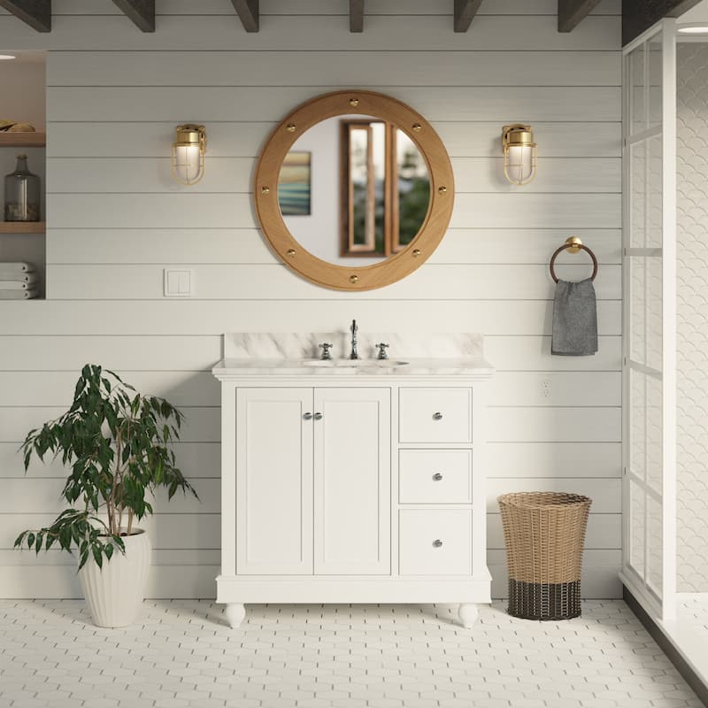 KitchenBathCollection Bella 36" Bathroom Vanity with Carrara Marble Top - White