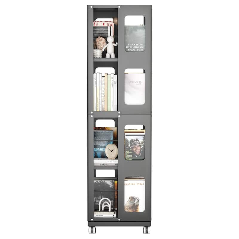 Modern 4-Tier Rotating Bookcase – 360° Swivel Wheels For Easy Mobility, Extra-Large All-Steel Construction .
