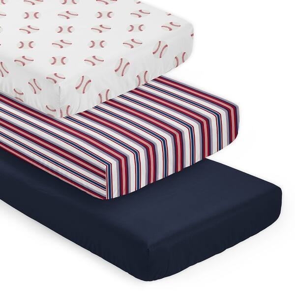 slide 2 of 6, Sweet Jojo Designs Baseball Sports Boy 3 Pack Fitted Crib Sheets - Red, White and Blue Stripes, Solid Navy and Americana Sport