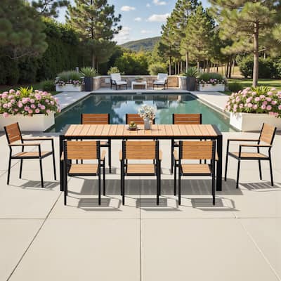 9-Piece Set Outdoor Aluminum Dining Table with Umbrella Hole and Stackable Dining Chairs