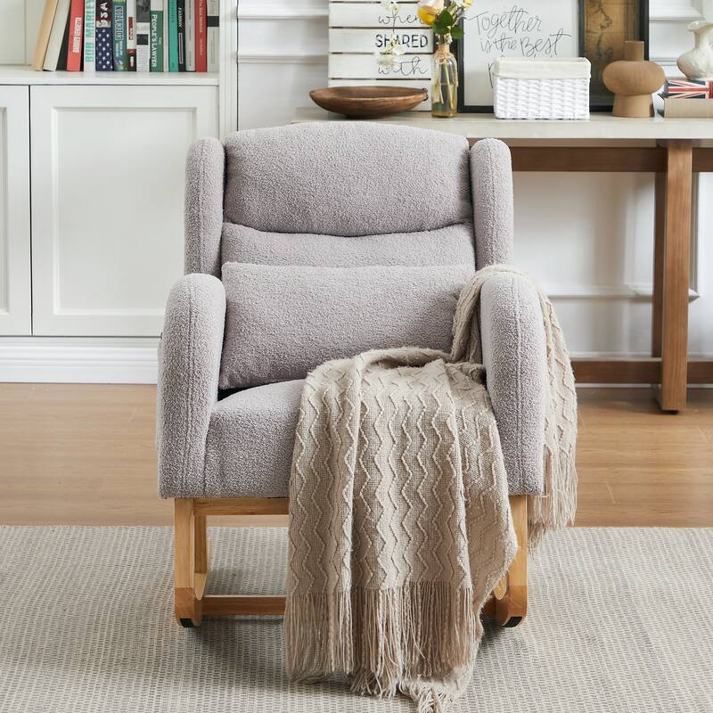 Grey Modern Upholstered Rocking Chair with Sturdy Thickened Rubber Wood Base and Side Pocket
