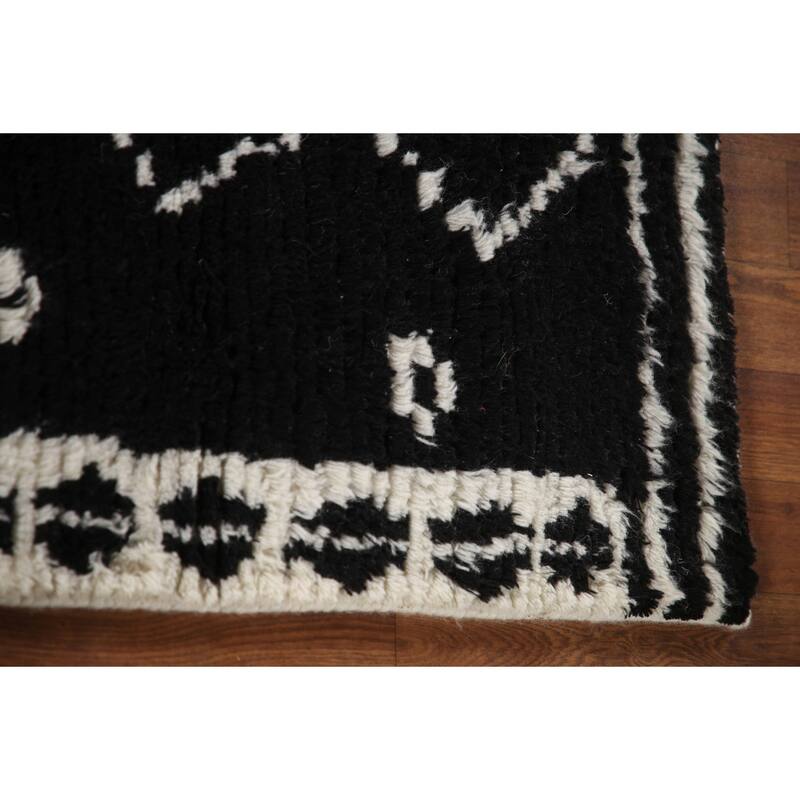 Black Plush Moroccan Indian Area Rug Hand-Knotted Wool Carpet - 5'2"x 8'1"