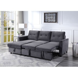Velvet Reversible Sleeper Sectional Sofa with Storage Chaise in Dark ...