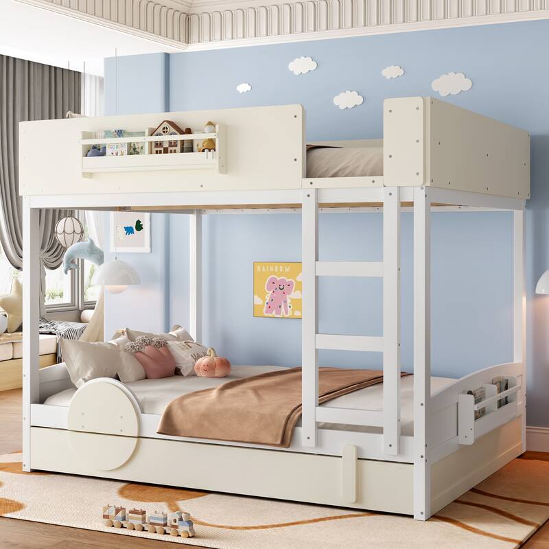 Kids Bed Wooden Bunk Bed with Trundle and Built-in Storage Bookshelves