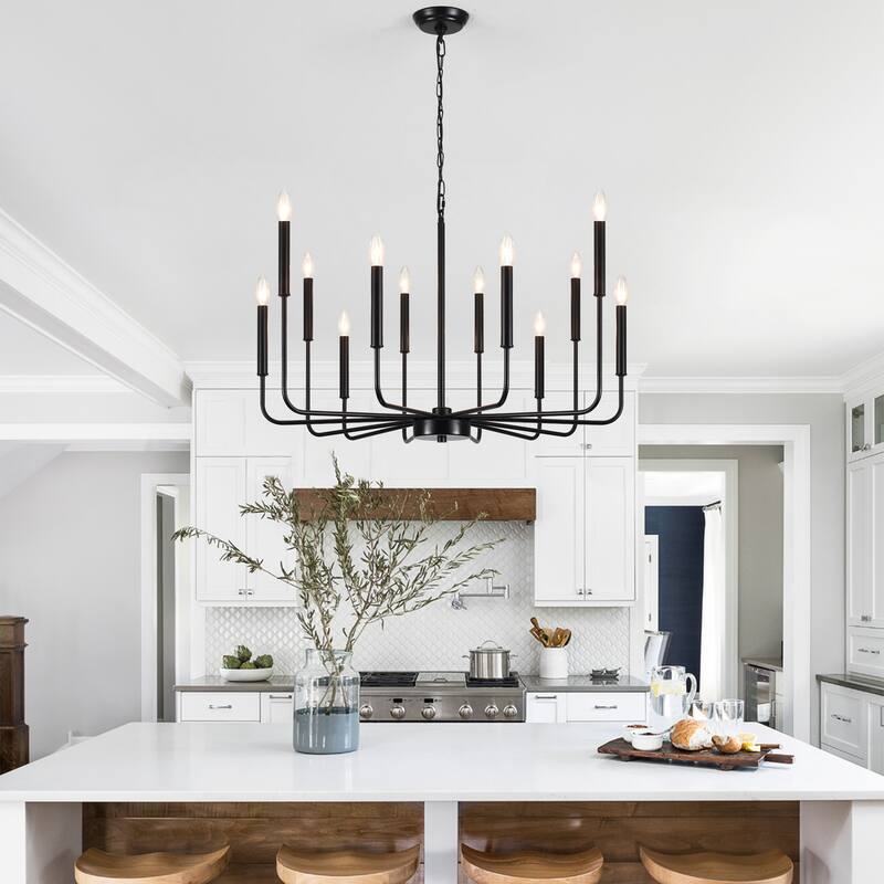 12-Light Rustic Candle Style Hanging Linear Chandelier Lighting for Kitchen Island