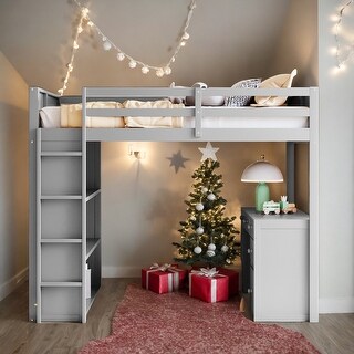 Modern Full Size Loft Bed With Ladder,Shelves and Desk,Sturdy Construction for Bedroom