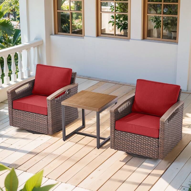 Pocassy Outdoor Patio Sofa Chair Ottoman Table Furniture Set - Red Cushion - 2 Swivel Chairs with 2 Ottoman Set