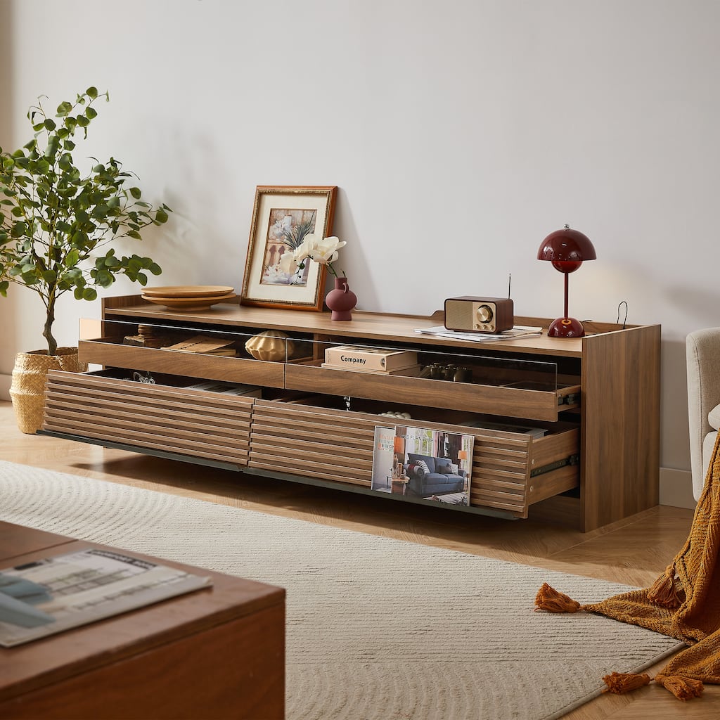 Modern LED TV Stand with 4 Drawers Built-In Charging Ports and Tempered Glass Panel, for Living Rooms