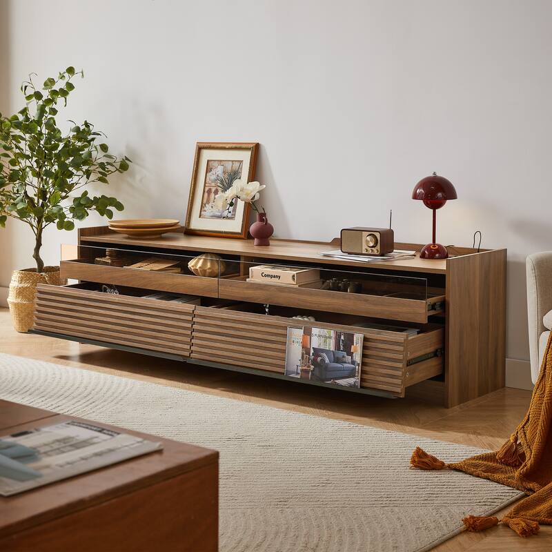 Modern LED TV Stand with 4 Drawers Built-In Charging Ports and Tempered Glass Panel, for Living Rooms - Beige