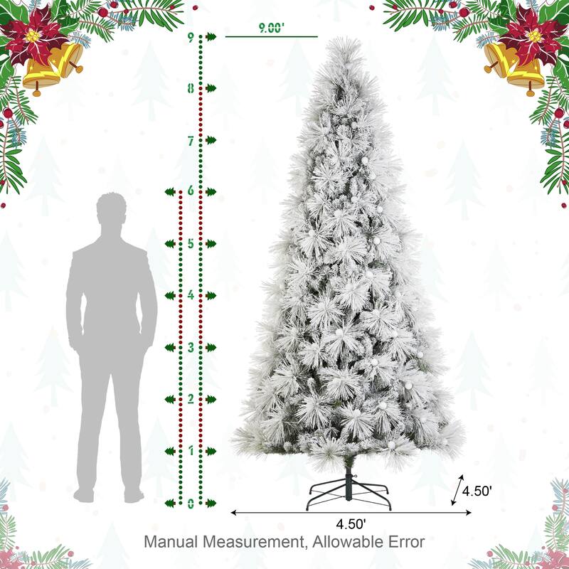 Glitzhome 7.5FT/9FT Pre-Lit Flocked Full Snowy Globe Pine Artificial Christmas Tree with Foot Switch