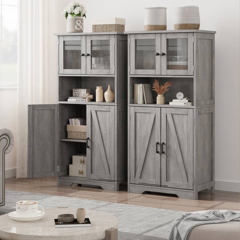 Kitchen Pantry Storage Cabinet with Glass Doors & Adjustable Shelves