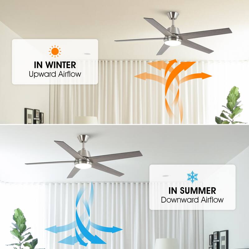 52" Modern Reversible 5-blade Brushed Nickel LED Smart Ceiling Fan with Light and APP