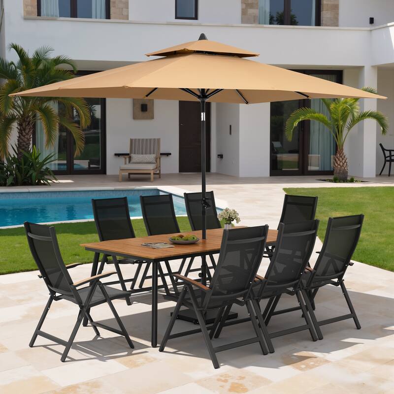 11PC Outdoor Patio Dining Set Aluminum Table with Folding Armchairs w/ Premium Market Umbrella Sets - BrownTable&BlackChairs&TanUmbrella